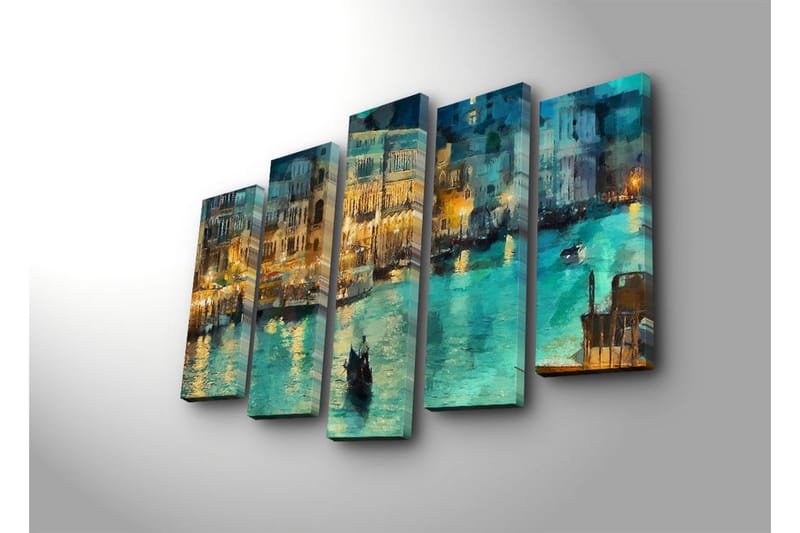 Suuri 5-osainen canvas-taulu, 105x70 cm - Tunnelmallinen näkymä kanavasta gondolihisseineen iltavalaistuksessa - Turkoosi / Kulta / Tummansininen - Sisustustuotteet - Taulu & taide - Canvas-taulu