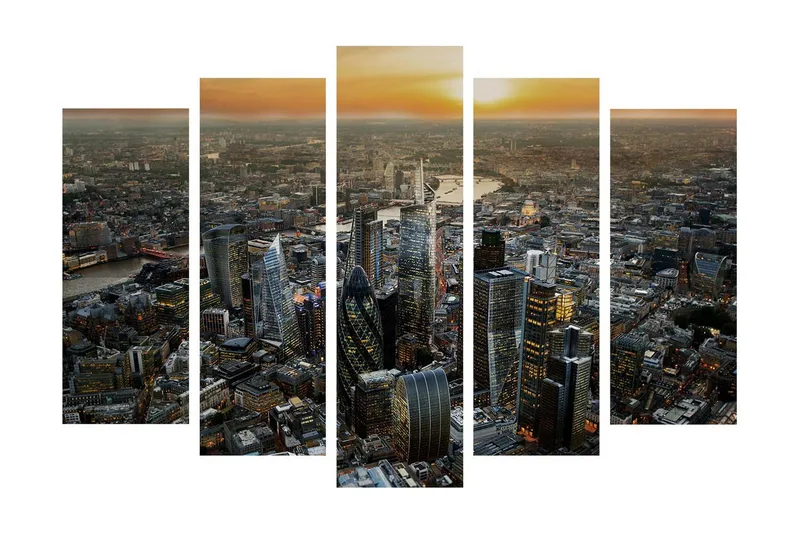 Suuri 5-osainen canvas-taulu, 105x70 cm - Upea kaupunkikuva moderneilla pilvenpiirtäjillä auringonlaskun aikaan, Tummansininen / Oranssi / Harmaa