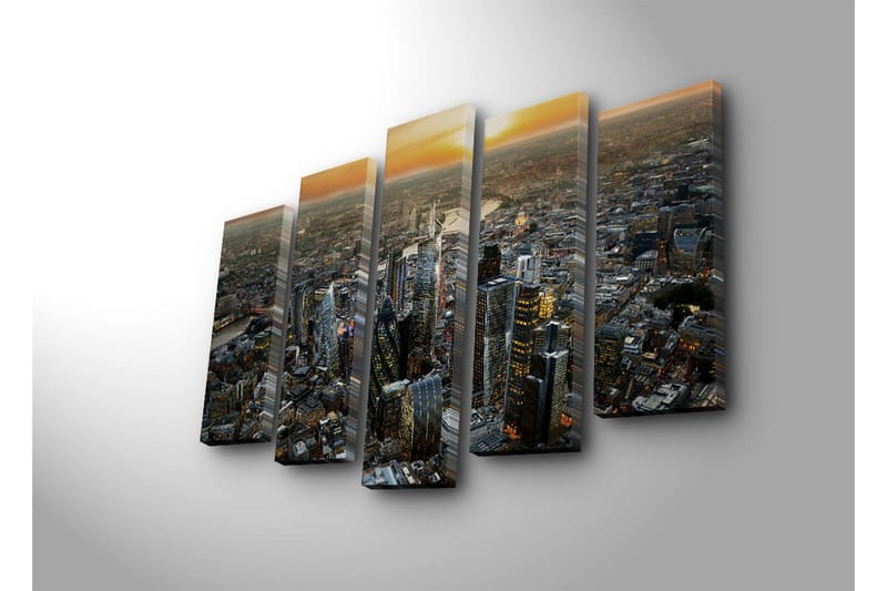 Suuri 5-osainen canvas-taulu, 105x70 cm - Upea kaupunkikuva moderneilla pilvenpiirtäjillä auringonlaskun aikaan - Tummansininen / Oranssi / Harmaa - Sisustustuotteet - Taulu & taide - Canvas-taulu