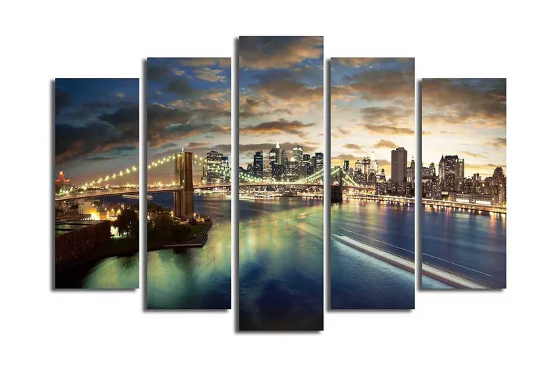 Suuri 5-osainen canvas-taulu, 105x70 cm - Upea kaupunkikuva sillalla ja pilvenpiirtäjillä hämärässä - Sininen / Kulta / Harmaa - Sisustustuotteet - Taulu & taide - Canvas-taulu