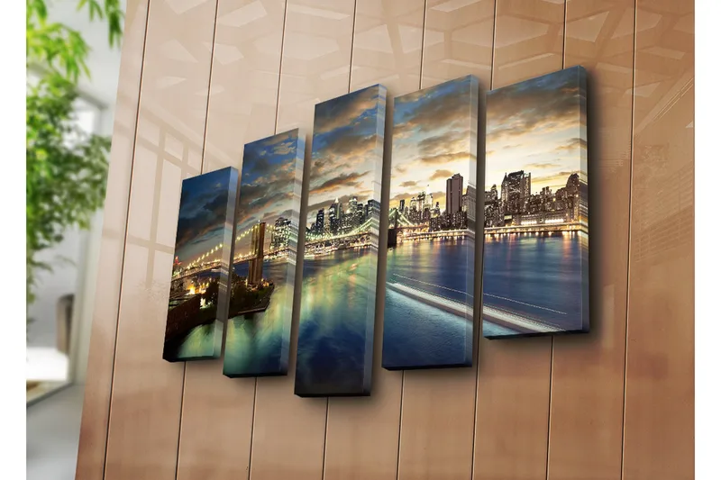 Suuri 5-osainen canvas-taulu, 105x70 cm - Upea kaupunkikuva sillalla ja pilvenpiirtäjillä hämärässä - Sininen / Kulta / Harmaa - Sisustustuotteet - Taulu & taide - Canvas-taulu