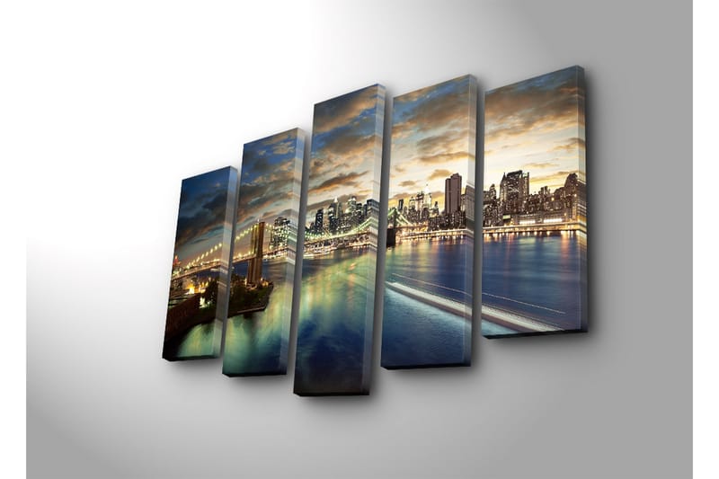 Suuri 5-osainen canvas-taulu, 105x70 cm - Upea kaupunkikuva sillalla ja pilvenpiirtäjillä hämärässä - Sininen / Kulta / Harmaa - Sisustustuotteet - Taulu & taide - Canvas-taulu