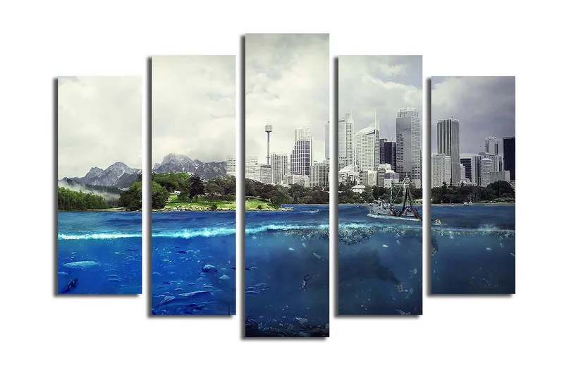 Suuri 5-osainen canvas-taulu, 105x70 cm - Upea kaupunkisiluetti, etualalla meri ja vuoret, Sininen / Vihreä / Harmaa