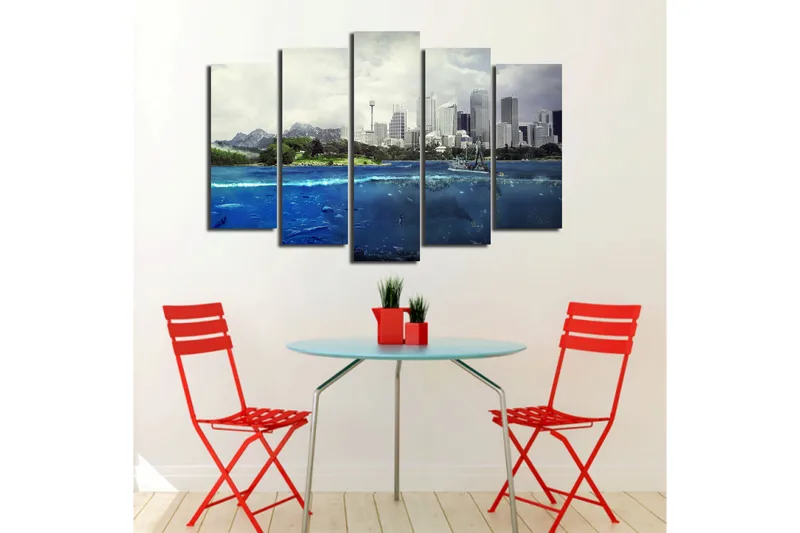 Suuri 5-osainen canvas-taulu, 105x70 cm - Upea kaupunkisiluetti, etualalla meri ja vuoret - Sininen / Vihreä / Harmaa - Sisustustuotteet - Taulu & taide - Canvas-taulu