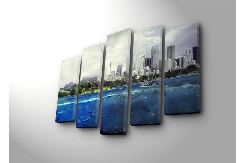 Suuri 5-osainen canvas-taulu, 105x70 cm - Upea kaupunkisiluetti, etualalla meri ja vuoret - Sininen / Vihreä / Harmaa - Sisustustuotteet - Taulu & taide - Canvas-taulu