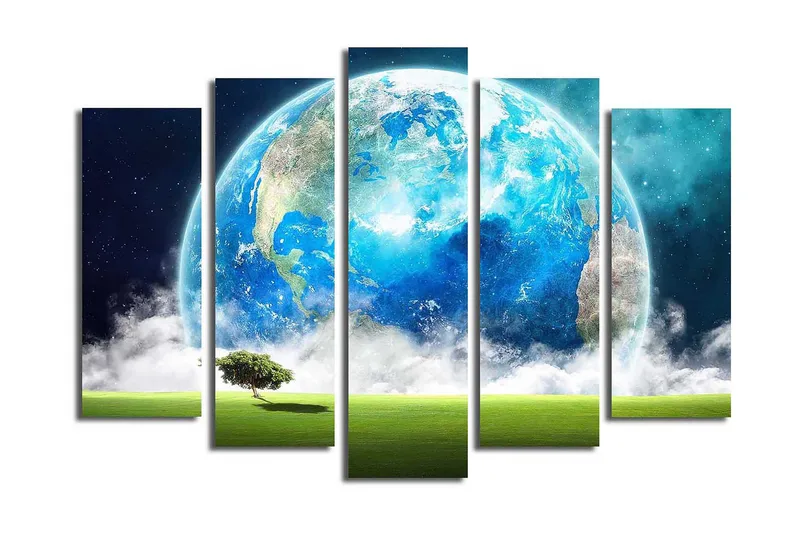 Suuri 5-osainen canvas-taulu, 105x70 cm - Upea maapallo, jonka etualalla on yksinäinen puun siluetti, Sininen / Vihreä / Valkoinen