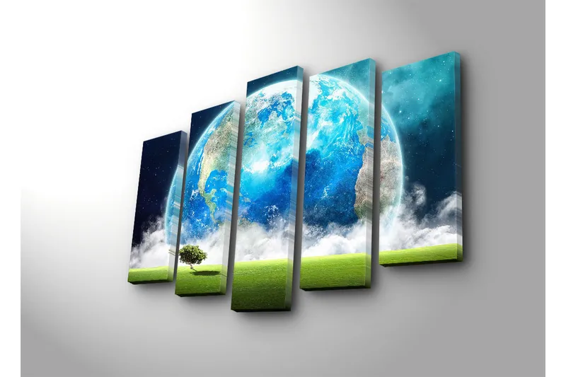 Suuri 5-osainen canvas-taulu, 105x70 cm - Upea maapallo, jonka etualalla on yksinäinen puun siluetti - Sininen / Vihreä / Valkoinen - Sisustustuotteet - Taulu & taide - Canvas-taulu