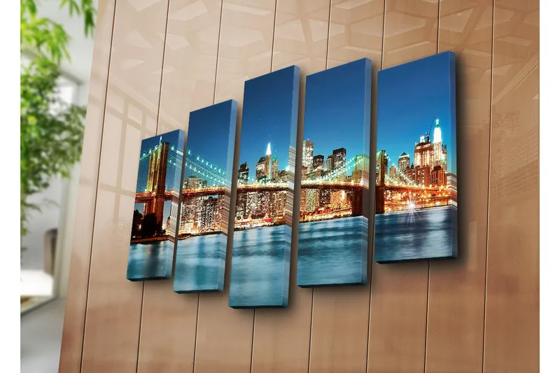 Suuri 5-osainen canvas-taulu, 105x70 cm - Upea näkymä Brooklynin sillalle kirkkaan kaupungin siluetin taustalla - Tummansininen / Kulta / Vihreä - Sisustustuotteet - Taulu & taide - Canvas-taulu