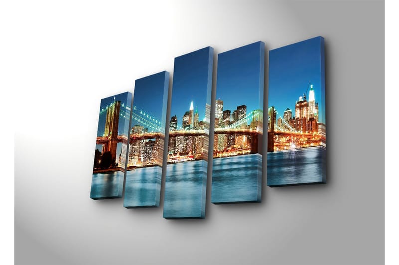 Suuri 5-osainen canvas-taulu, 105x70 cm - Upea näkymä Brooklynin sillalle kirkkaan kaupungin siluetin taustalla - Tummansininen / Kulta / Vihreä - Sisustustuotteet - Taulu & taide - Canvas-taulu