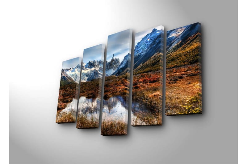 Suuri 5-osainen canvas-taulu, 105x70 cm - Upea vuoristomaisema lumihuippuisine vuorenhuippuineen ja peilimäisine järvineen - Tummanvihreä / Sininen / Oranssi - Sisustustuotteet - Taulu & taide - Canvas-taulu