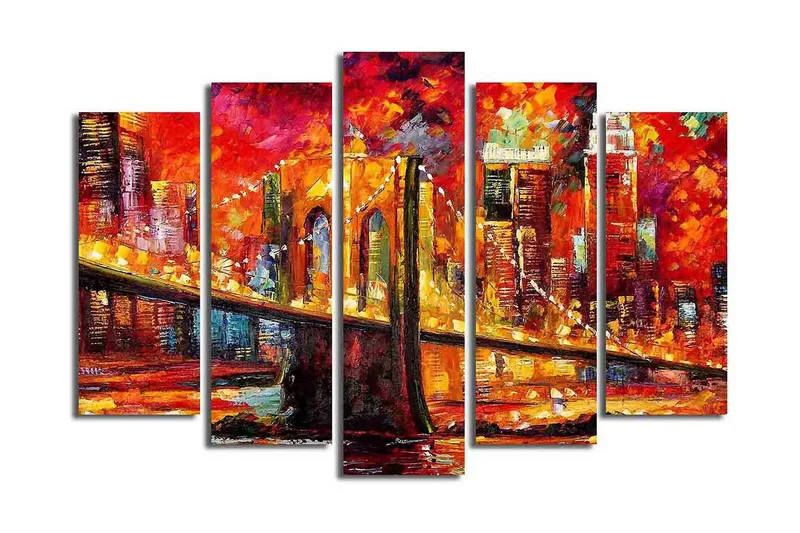 Suuri 5-osainen canvas-taulu, 105x70 cm - Värikäs kaupunkisiluetti ja silta auringonlaskun valossa, Punainen / Oranssi / Keltainen