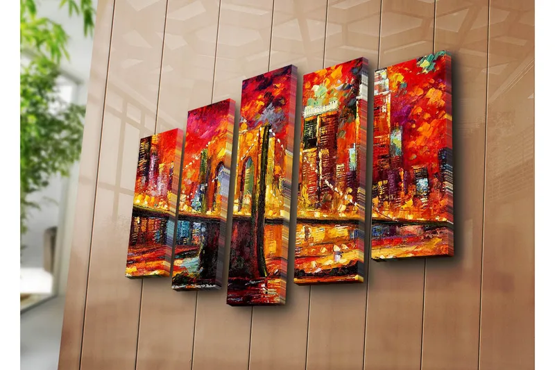 Suuri 5-osainen canvas-taulu, 105x70 cm - Värikäs kaupunkisiluetti ja silta auringonlaskun valossa - Punainen / Oranssi / Keltainen - Sisustustuotteet - Taulu & taide - Canvas-taulu