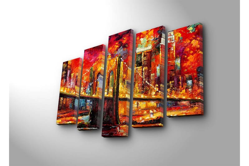 Suuri 5-osainen canvas-taulu, 105x70 cm - Värikäs kaupunkisiluetti ja silta auringonlaskun valossa - Punainen / Oranssi / Keltainen - Sisustustuotteet - Taulu & taide - Canvas-taulu