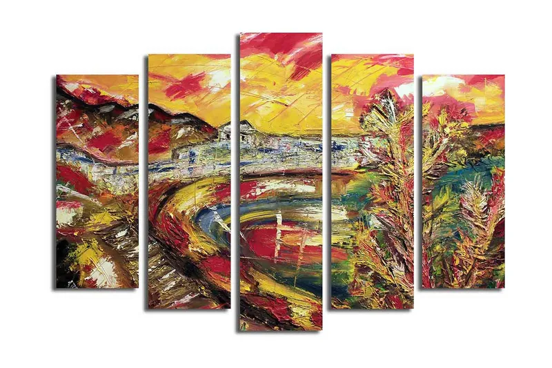 Suuri 5-osainen canvas-taulu, 105x70 cm - Värikäs maisemamaalaus joesta ja ympäröivistä vuorista, Keltainen / Punainen / Vihreä