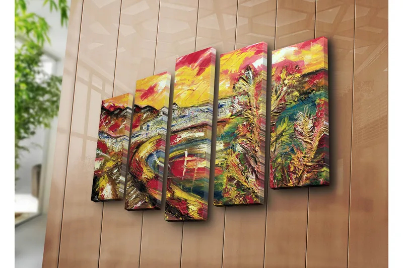 Suuri 5-osainen canvas-taulu, 105x70 cm - Värikäs maisemamaalaus joesta ja ympäröivistä vuorista - Keltainen / Punainen / Vihreä - Sisustustuotteet - Taulu & taide - Canvas-taulu