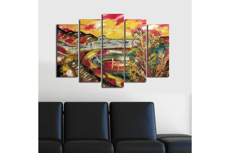 Suuri 5-osainen canvas-taulu, 105x70 cm - Värikäs maisemamaalaus joesta ja ympäröivistä vuorista - Keltainen / Punainen / Vihreä - Sisustustuotteet - Taulu & taide - Canvas-taulu