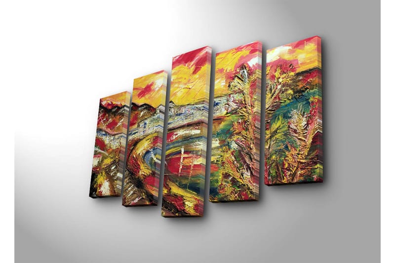 Suuri 5-osainen canvas-taulu, 105x70 cm - Värikäs maisemamaalaus joesta ja ympäröivistä vuorista - Keltainen / Punainen / Vihreä - Sisustustuotteet - Taulu & taide - Canvas-taulu