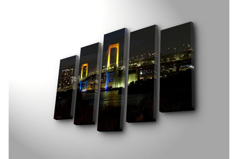 Suuri 5-osainen canvas-taulu, 105x70 cm - Värikäs silta yövalon valaisemana - Keltainen / Sininen / Vihreä - Sisustustuotteet - Taulu & taide - Canvas-taulu