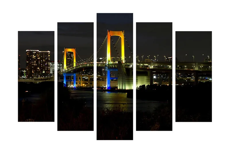 Suuri 5-osainen canvas-taulu, 105x70 cm - Värikäs silta yövalon valaisemana, Keltainen / Sininen / Vihreä