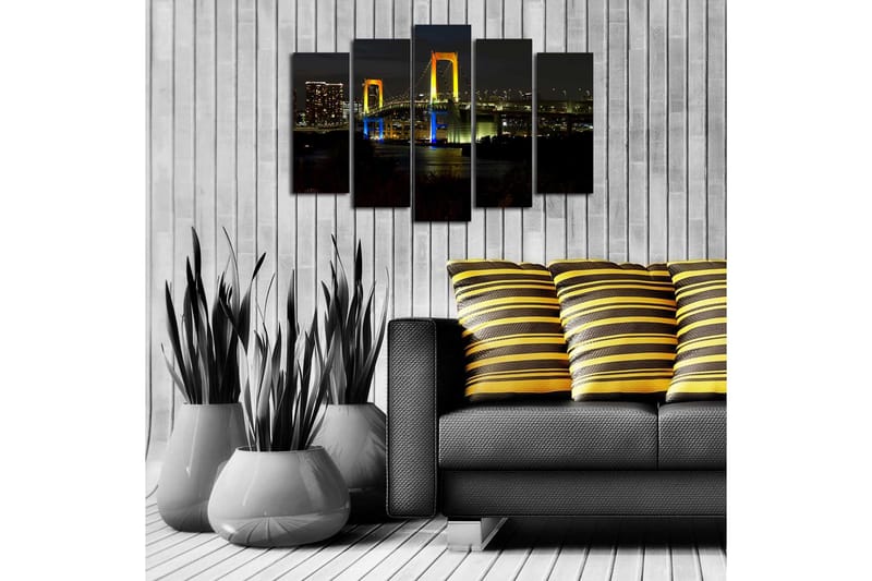 Suuri 5-osainen canvas-taulu, 105x70 cm - Värikäs silta yövalon valaisemana - Keltainen / Sininen / Vihreä - Sisustustuotteet - Taulu & taide - Canvas-taulu