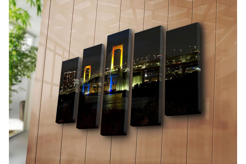 Suuri 5-osainen canvas-taulu, 105x70 cm - Värikäs silta yövalon valaisemana - Keltainen / Sininen / Vihreä - Sisustustuotteet - Taulu & taide - Canvas-taulu