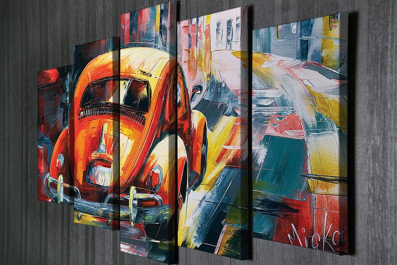 Suuri 5-osainen canvas-taulu, 105x70 cm - Värikäs Volkswagen-kupla vilkkaassa kaupunkiympäristössä - Oranssi / Sininen / Punainen - Sisustustuotteet - Taulu & taide - Canvas-taulu