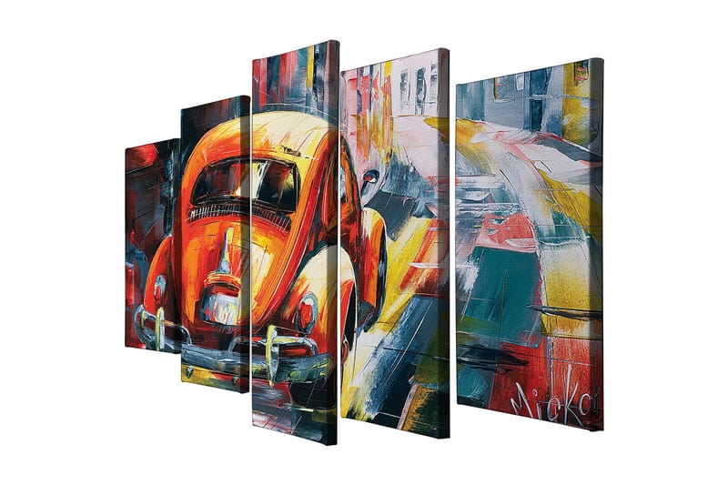 Suuri 5-osainen canvas-taulu, 105x70 cm - Värikäs Volkswagen-kupla vilkkaassa kaupunkiympäristössä, Oranssi / Sininen / Punainen