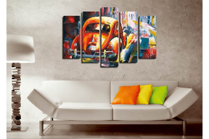 Suuri 5-osainen canvas-taulu, 105x70 cm - Värikäs Volkswagen-kupla vilkkaassa kaupunkiympäristössä - Oranssi / Sininen / Punainen - Sisustustuotteet - Taulu & taide - Canvas-taulu