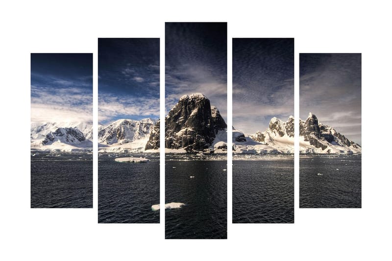 Suuri 5-osainen canvas-taulu, 105x70 cm - Vaikuttava vuoristomaisema lumihuippuisine vuorenhuippuineen ja peilimäisine vesipintoineen - Valkoinen / Tummansininen / Harmaa - Sisustustuotteet - Taulu & taide - Canvas-taulu