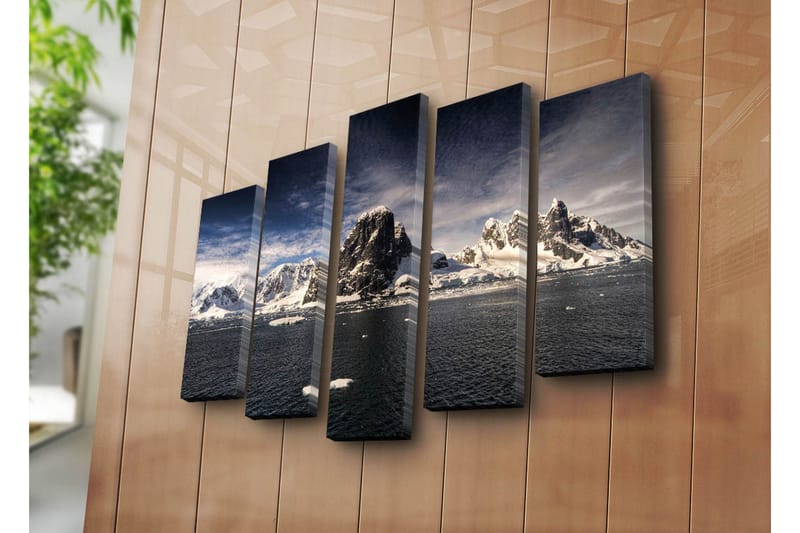 Suuri 5-osainen canvas-taulu, 105x70 cm - Vaikuttava vuoristomaisema lumihuippuisine vuorenhuippuineen ja peilimäisine vesipintoineen - Valkoinen / Tummansininen / Harmaa - Sisustustuotteet - Taulu & taide - Canvas-taulu