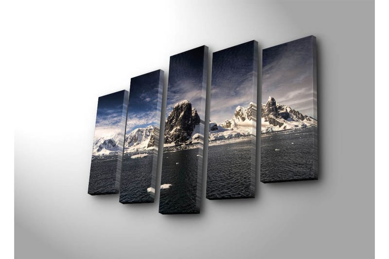 Suuri 5-osainen canvas-taulu, 105x70 cm - Vaikuttava vuoristomaisema lumihuippuisine vuorenhuippuineen ja peilimäisine vesipintoineen - Valkoinen / Tummansininen / Harmaa - Sisustustuotteet - Taulu & taide - Canvas-taulu