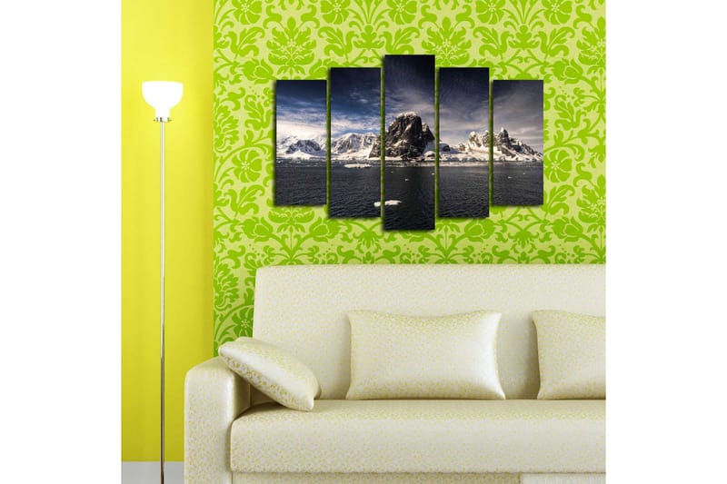 Suuri 5-osainen canvas-taulu, 105x70 cm - Vaikuttava vuoristomaisema lumihuippuisine vuorenhuippuineen ja peilimäisine vesipintoineen - Valkoinen / Tummansininen / Harmaa - Sisustustuotteet - Taulu & taide - Canvas-taulu