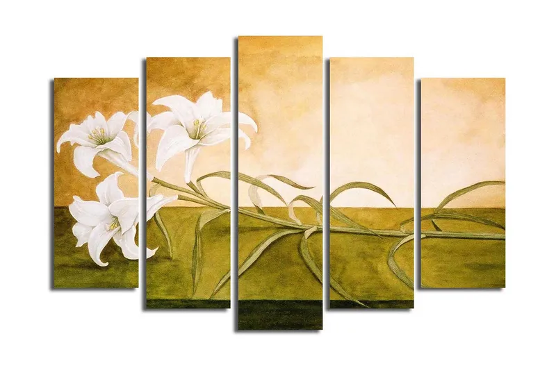 Suuri 5-osainen canvas-taulu, 105x70 cm - Valkoisia liljoja pehmeästi sävytetyllä taustalla - Valkoinen / Vihreä / Beige - Sisustustuotteet - Taulu & taide - Canvas-taulu