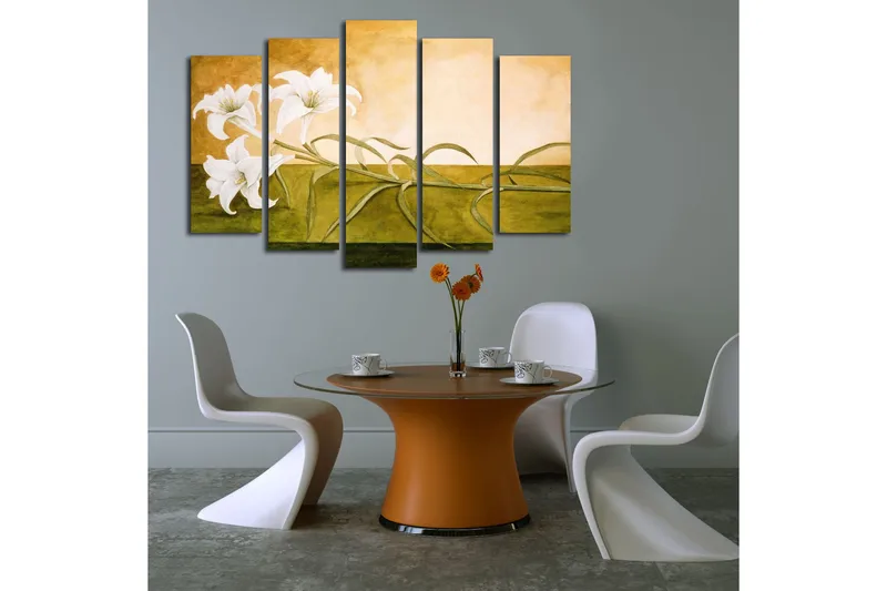 Suuri 5-osainen canvas-taulu, 105x70 cm - Valkoisia liljoja pehmeästi sävytetyllä taustalla - Valkoinen / Vihreä / Beige - Sisustustuotteet - Taulu & taide - Canvas-taulu