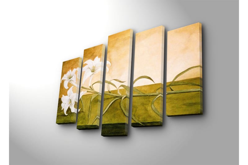 Suuri 5-osainen canvas-taulu, 105x70 cm - Valkoisia liljoja pehmeästi sävytetyllä taustalla - Valkoinen / Vihreä / Beige - Sisustustuotteet - Taulu & taide - Canvas-taulu