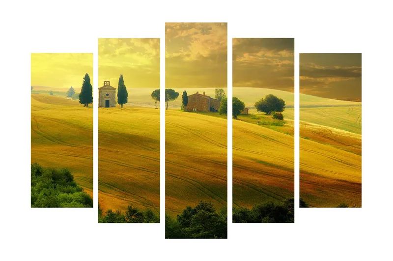 Suuri 5-osainen canvas-taulu, 105x70 cm - Vehreä maisema kumpuilevilla pelloilla ja pienellä kirkolla, Kullankeltainen / Vihreä / Ruskea