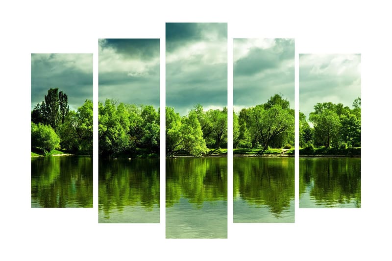 Suuri 5-osainen canvas-taulu, 105x70 cm - Vehreä maisema peilimäisen järven rannalla - Vihreä / Tummanvihreä / Harmaa - Sisustustuotteet - Taulu & taide - Canvas-taulu