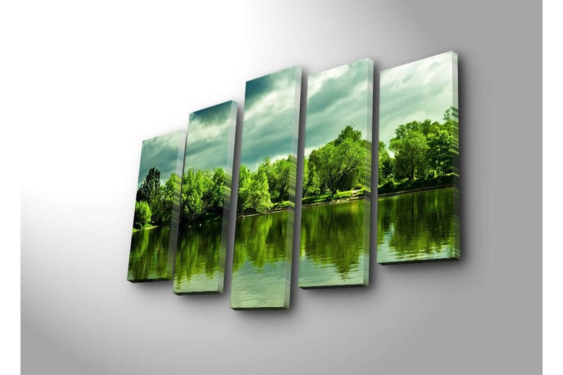 Suuri 5-osainen canvas-taulu, 105x70 cm - Vehreä maisema peilimäisen järven rannalla - Vihreä / Tummanvihreä / Harmaa - Sisustustuotteet - Taulu & taide - Canvas-taulu