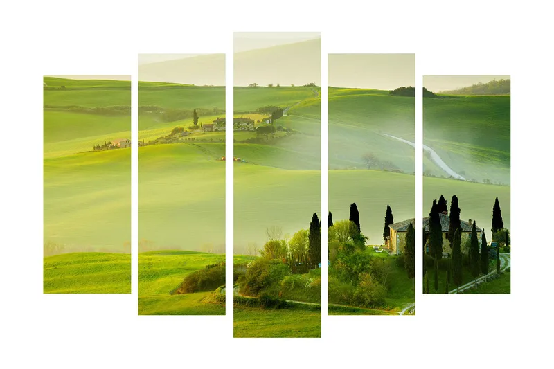 Suuri 5-osainen canvas-taulu, 105x70 cm - Vehreä Toscanan maisema kumpuilevilla kukkuloilla ja viehättävillä maatiloilla, Vihreä / Vaaleanvihreä / Tummanvihreä