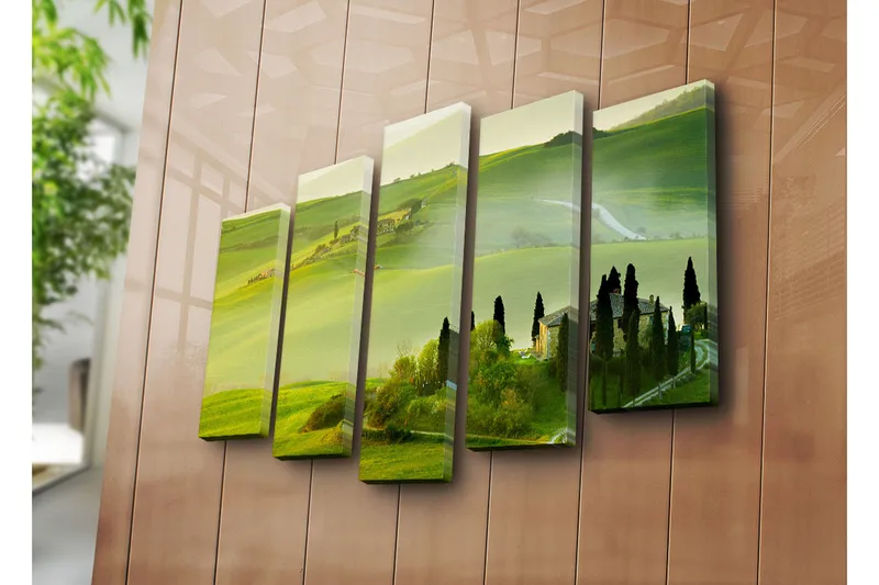 Suuri 5-osainen canvas-taulu, 105x70 cm - Vehreä Toscanan maisema kumpuilevilla kukkuloilla ja viehättävillä maatiloilla - Vihreä / Vaaleanvihreä / Tummanvihreä - Sisustustuotteet - Taulu & taide - Canvas-taulu
