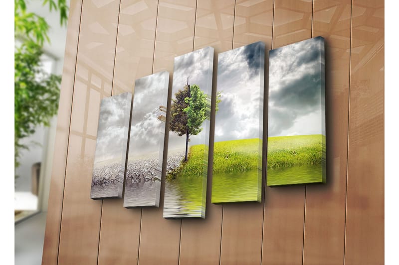 Suuri 5-osainen canvas-taulu, 105x70 cm - Vehreät puut kuivan maan ja rehevän niityn välissä - Vihreä / Harmaa / Beige - Sisustustuotteet - Taulu & taide - Canvas-taulu