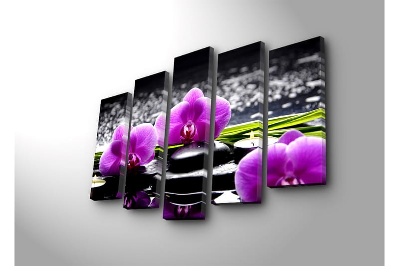 Suuri 5-osainen canvas-taulu, 105x70 cm - Violetit orkideat mustilla kivillä heijastuksilla vedessä - Violetti / Musta / Vihreä - Sisustustuotteet - Taulu & taide - Canvas-taulu