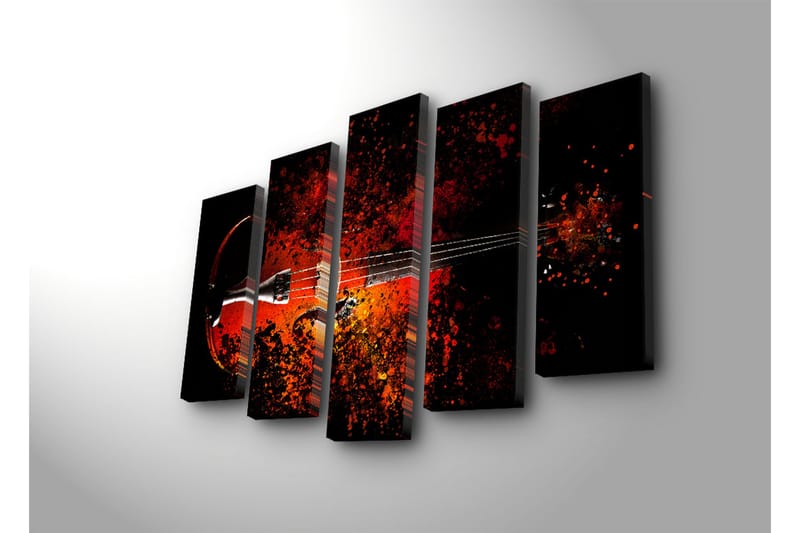 Suuri 5-osainen canvas-taulu, 105x70 cm - Viulu värikkäillä väriroiskeilla - Punainen / Oranssi / Musta - Sisustustuotteet - Taulu & taide - Canvas-taulu