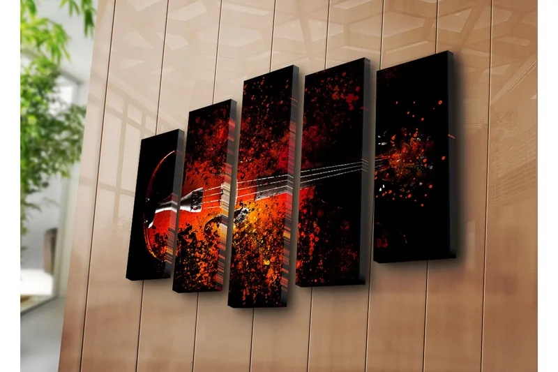 Suuri 5-osainen canvas-taulu, 105x70 cm - Viulu värikkäillä väriroiskeilla - Punainen / Oranssi / Musta - Sisustustuotteet - Taulu & taide - Canvas-taulu