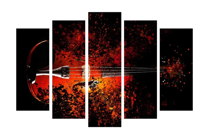 Suuri 5-osainen canvas-taulu, 105x70 cm - Viulu värikkäillä väriroiskeilla, Punainen / Oranssi / Musta