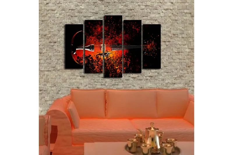Suuri 5-osainen canvas-taulu, 105x70 cm - Viulu värikkäillä väriroiskeilla - Punainen / Oranssi / Musta - Sisustustuotteet - Taulu & taide - Canvas-taulu