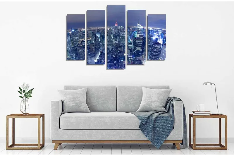 Suuri 5-osainen canvas-taulu, 105x70 cm - Yön kaupunkisiluetti kimaltelevilla pilvenpiirtäjillä - Tummansininen / Vaaleansininen / Punainen - Sisustustuotteet - Taulu & taide - Canvas-taulu