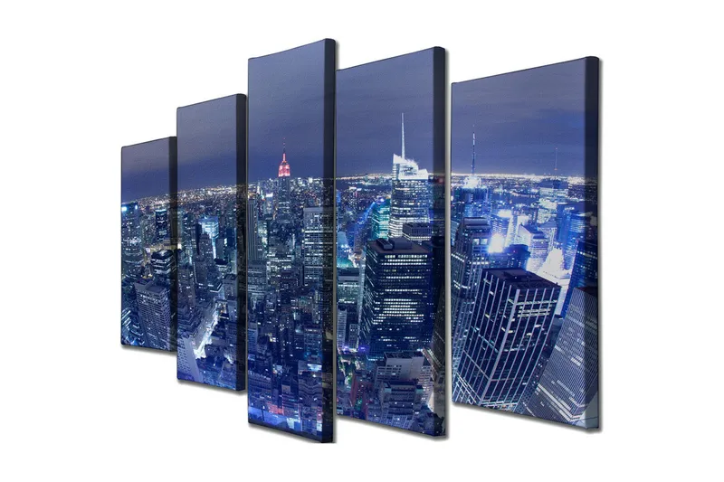 Suuri 5-osainen canvas-taulu, 105x70 cm - Yön kaupunkisiluetti kimaltelevilla pilvenpiirtäjillä, Tummansininen / Vaaleansininen / Punainen