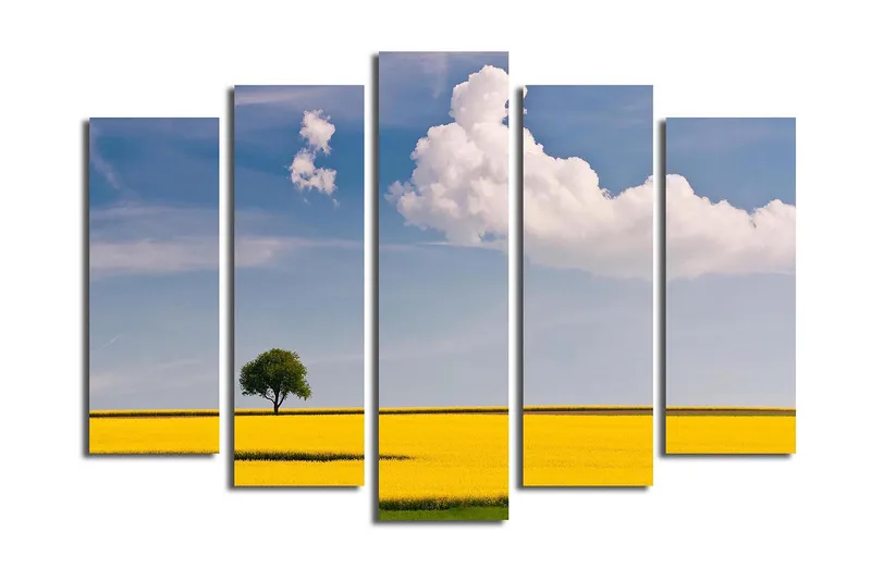 Suuri 5-osainen canvas-taulu, 105x70 cm - Yksinäinen puu kultaisessa rypsipellossa kirkkaan sinisen taivaan alla, Keltainen / Vihreä / Sininen