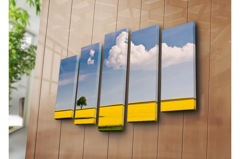 Suuri 5-osainen canvas-taulu, 105x70 cm - Yksinäinen puu kultaisessa rypsipellossa kirkkaan sinisen taivaan alla - Keltainen / Vihreä / Sininen - Sisustustuotteet - Taulu & taide - Canvas-taulu